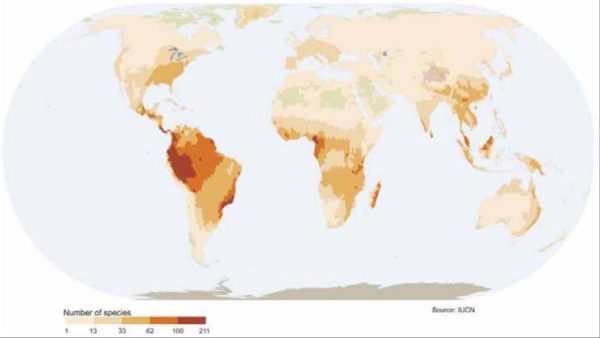  Distribution mondiale des espèces d’amphibiens